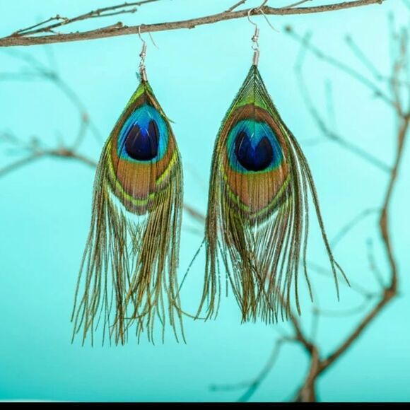 Large Peacock Feather Earrings Blue Green - Picture 2 of 5